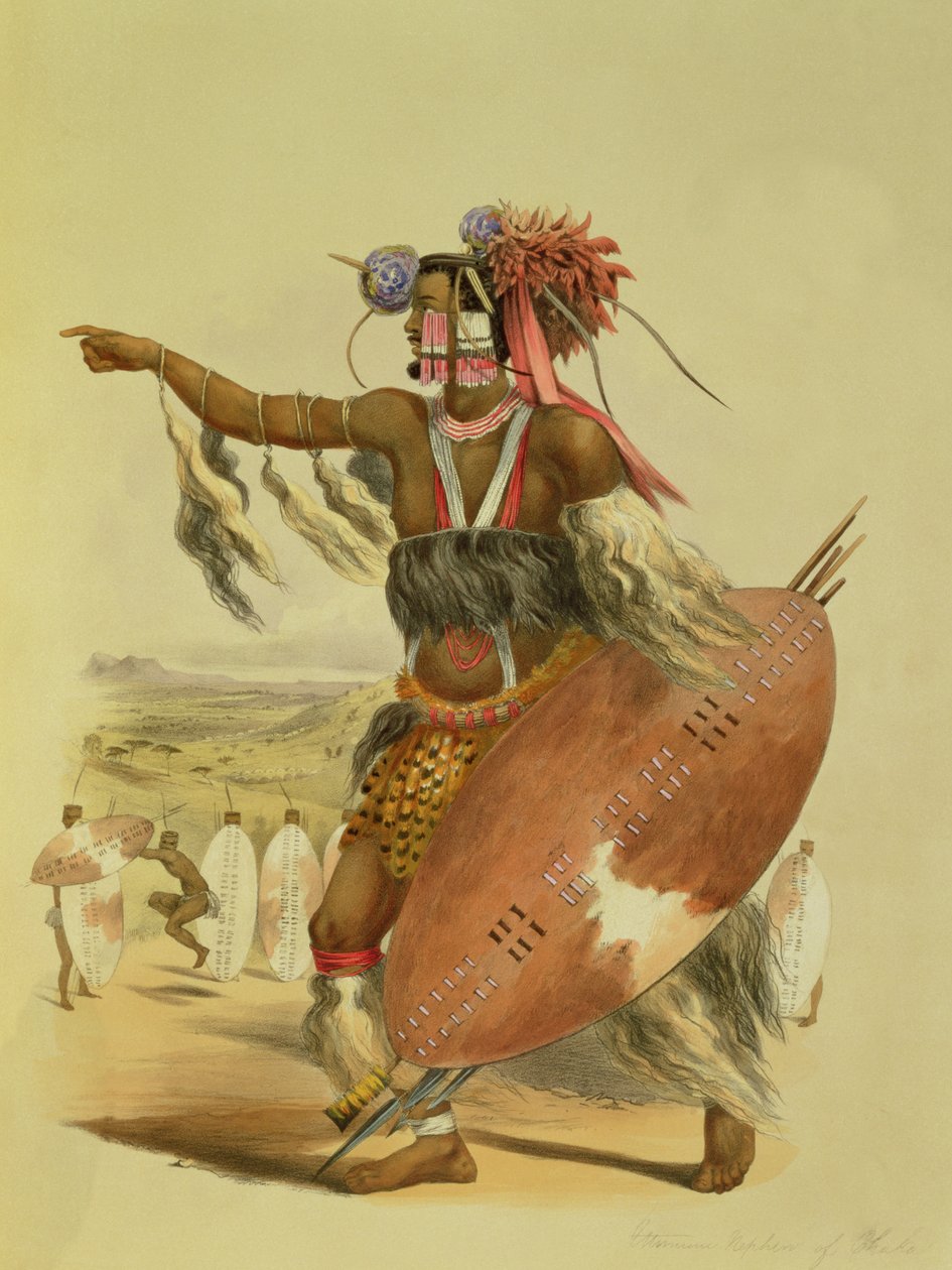 Zuluský válečník, Utimuni, synovec Chaka, zesnulého krále Zuluů, deska 13 z „The Kafirs Illustrated“, 1849 od George French Angas