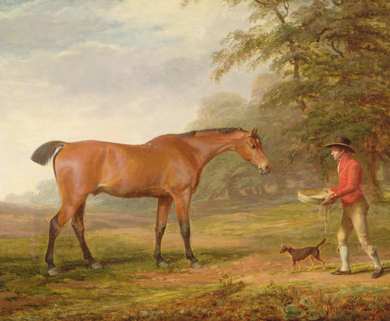 Bay Horse, ke kterému se blíží stájový mladík s jídlem a ohlávkou, 1789 od George Garrard