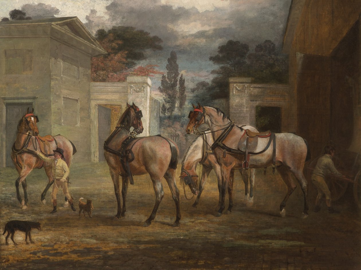 Čtyři Roan Coach Horses se dvěma ošetřovateli, 1792 od George Garrard