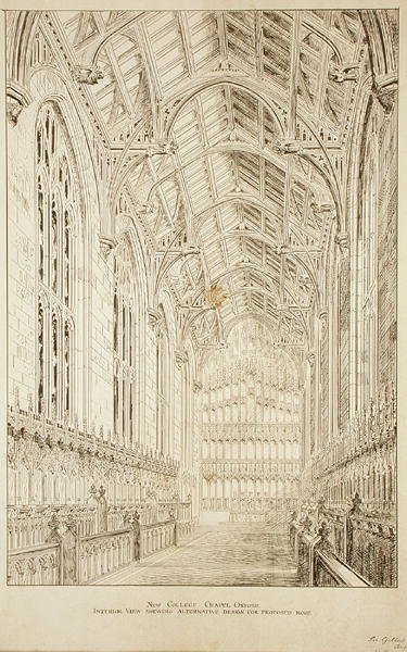New College Chapel: Vnitřní pohled ukazuje alternativní design pro navrhovanou střechu od George Gilbert Scott