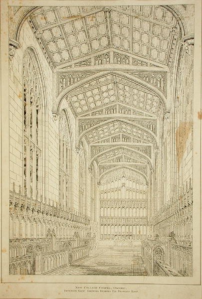 New College Chapel: Vnitřní pohled zobrazující návrhy navrhované střechy od George Gilbert Scott