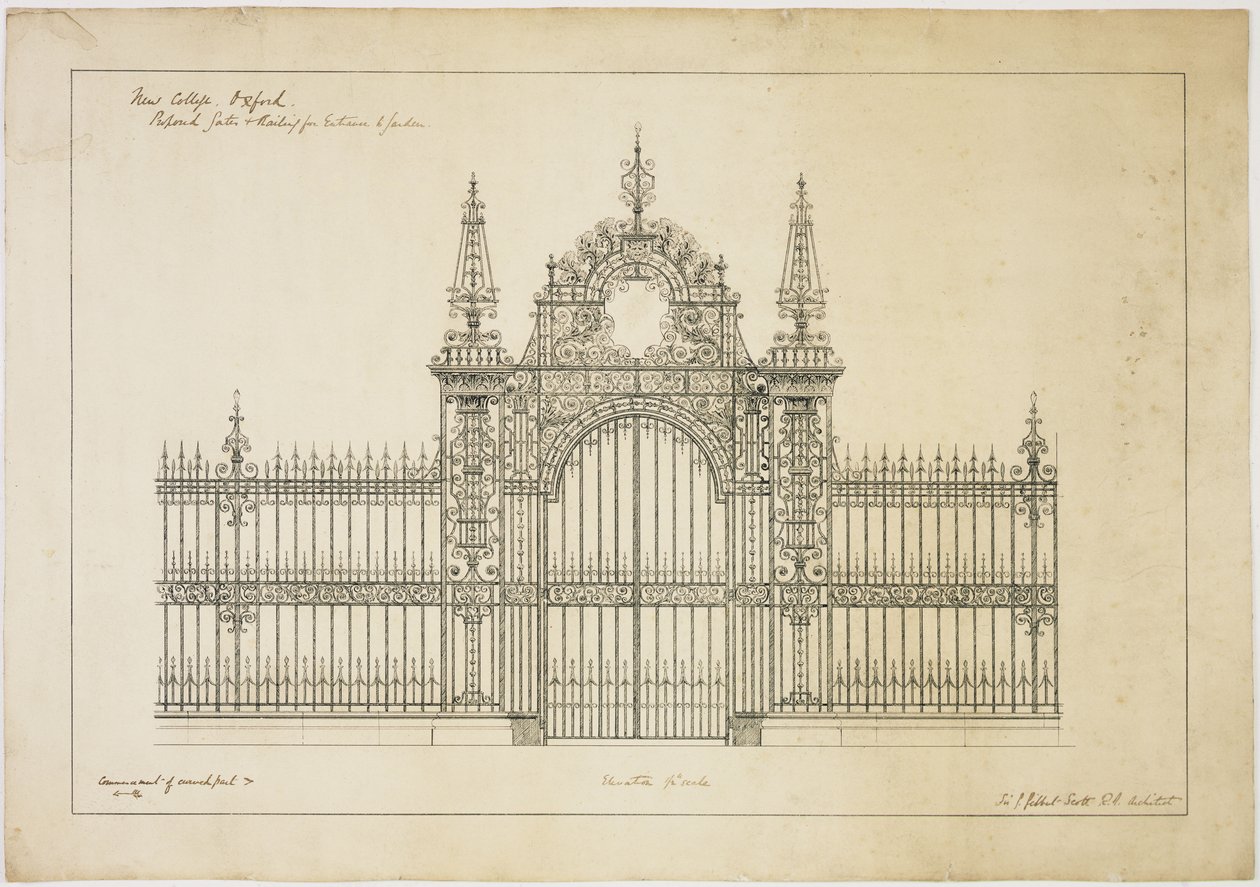 New College Oxford: Navrhované brány a zábradlí pro vstup do zahrady od George Gilbert Scott