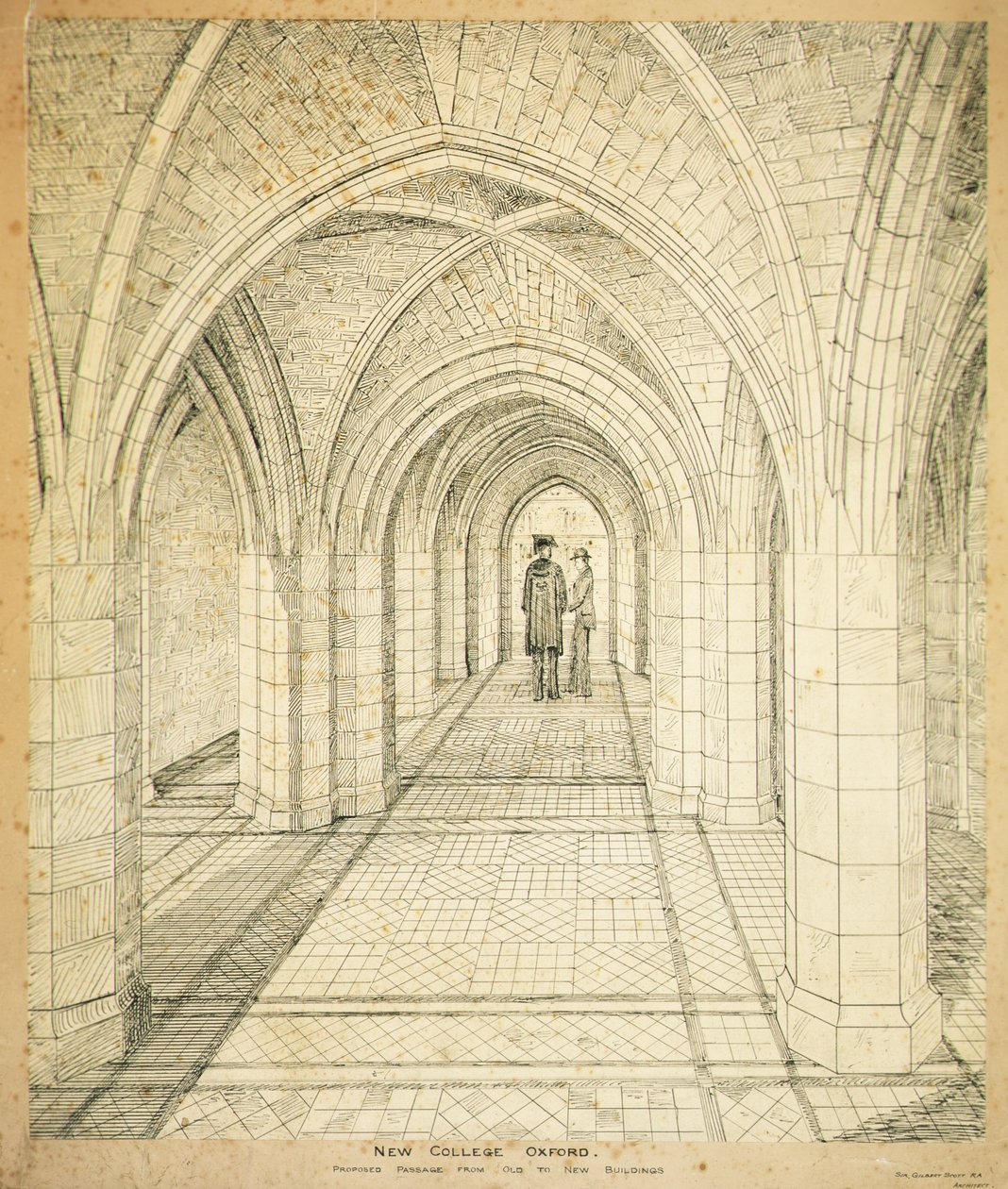New College Oxford: Navrhovaný přechod ze starých do nových budov od George Gilbert Scott
