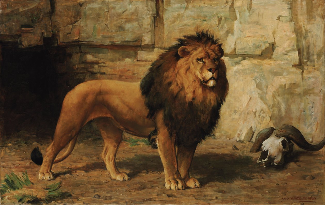 Lev hlídající své doupě od George Goodwin Jnr Kilburne