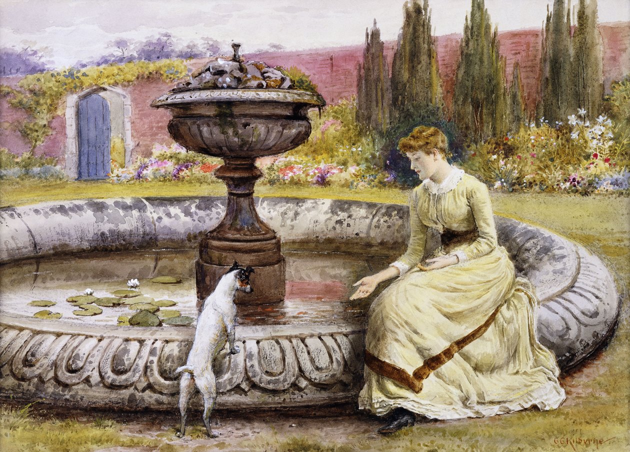 Dáma a pes vedle okrasného jezírka, od George Goodwin Kilburne
