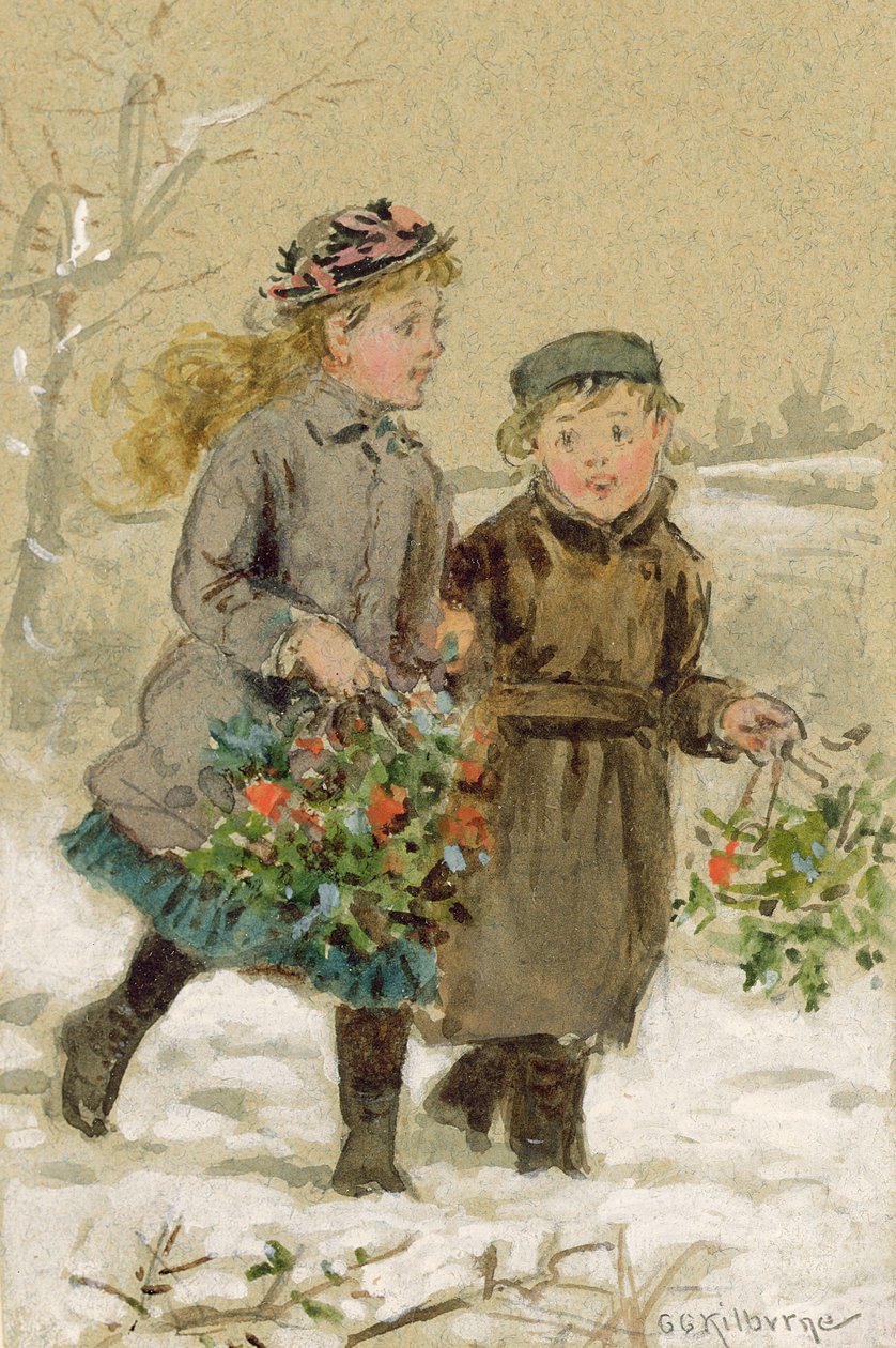 Děti si hrají ve sněhu - Sbírání Holly (Wc se zvýšenou bílou na papíře) (viz 224240 pro pár) od George Goodwin Kilburne