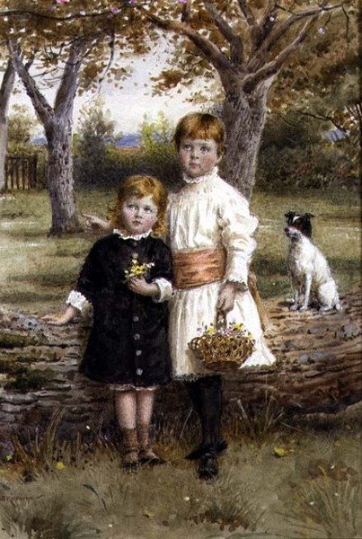Dvě sestry s košíkem květin od George Goodwin Kilburne