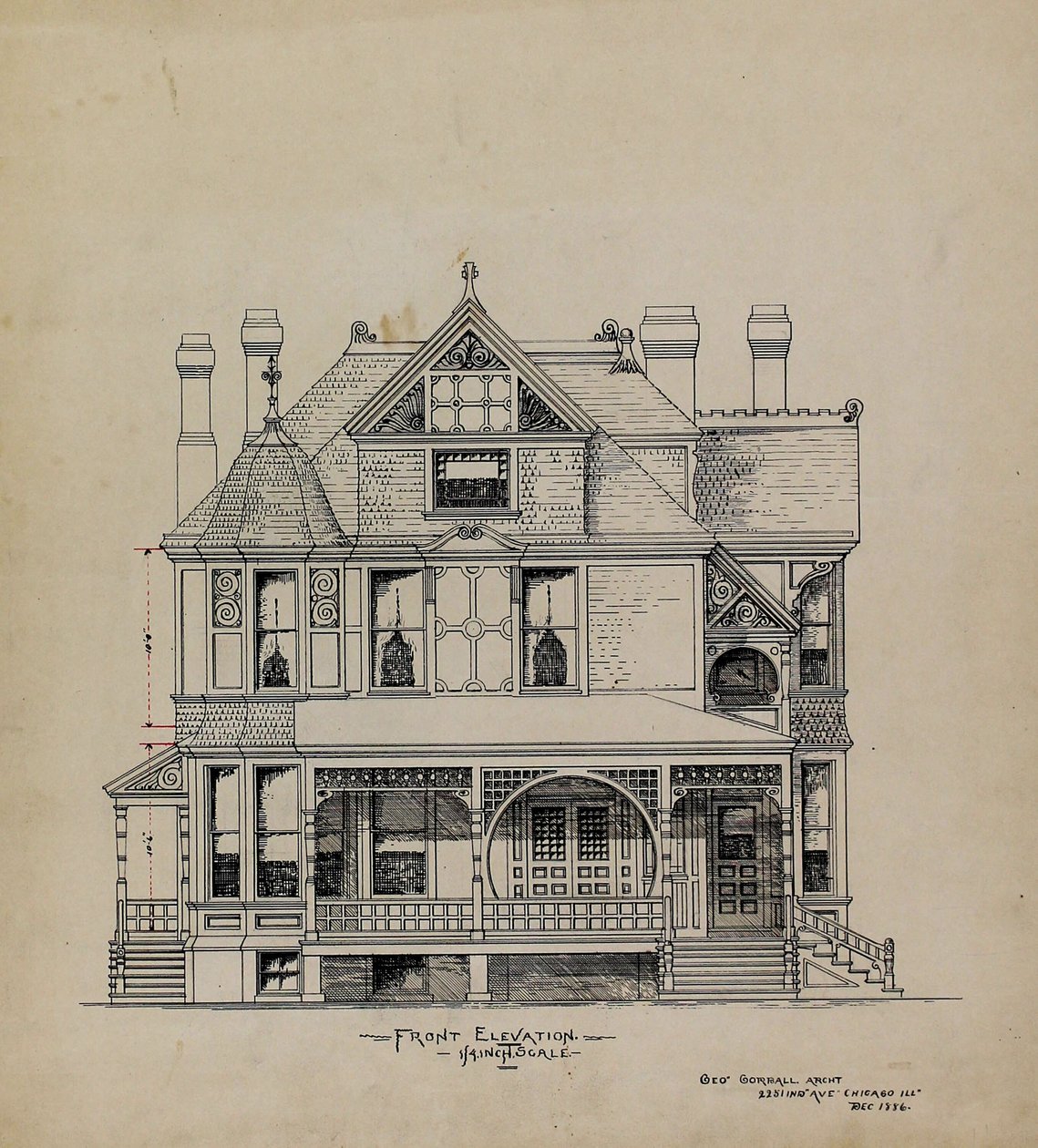 Prezentační výkresy, rezidence pro Dr. Stratford, Chicago, Illinois, Front Elevation od George Gorball