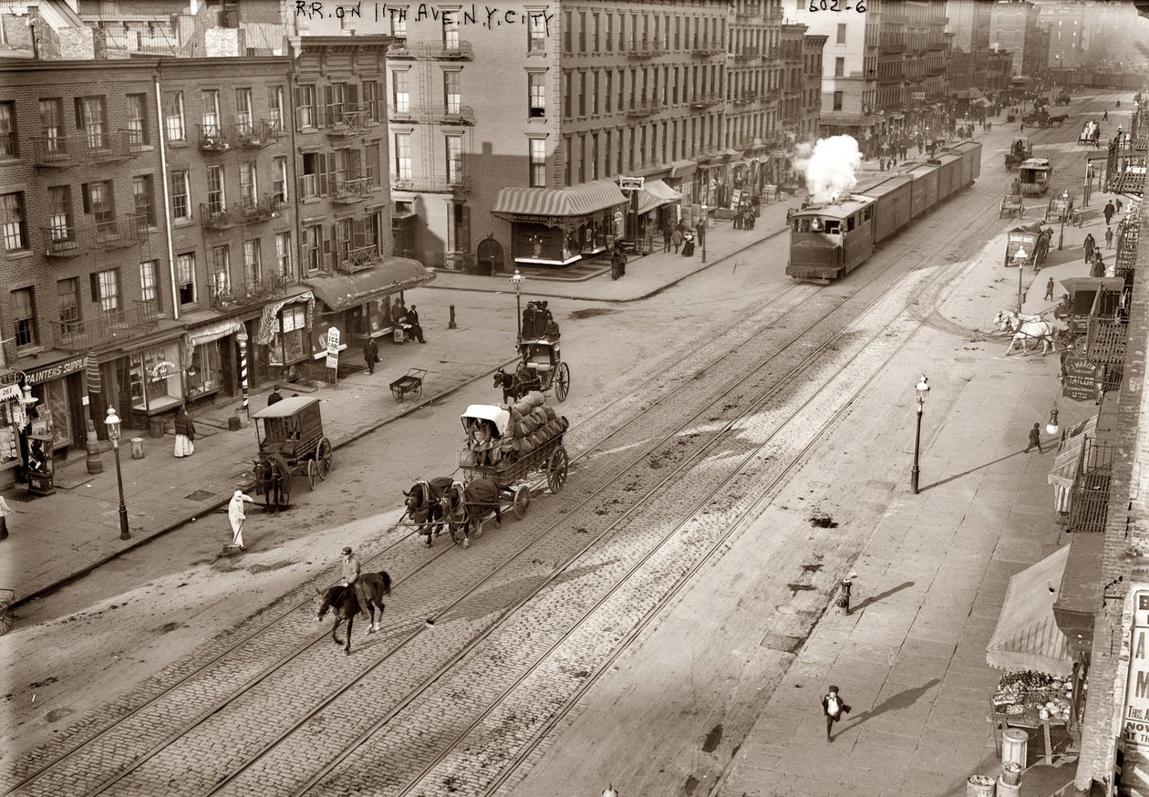 Jedenáctá Avenue a New York Central Railroad, Bain, George Grantham (1865-1944). Albuminová fotografie, c. 1911. Soukromá sbírka od George Grantham   Bain News Service Bain