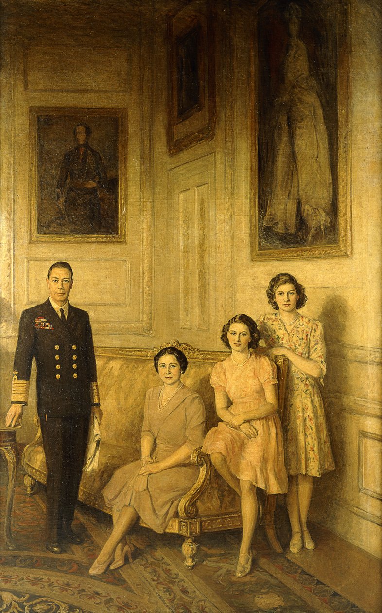 Královská rodina: Král Jiří VI., královna Alžběta a jejich dvě dcery, princezna Margaret a princezna Alžběta od George Harcourt