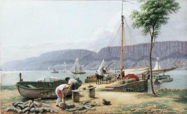 Odpoledne – přistání v Hastingsu. Palisade Rocks in Shadow, New York, kolem roku 1836 (akvarel, kvaš a grafit na papíře) od George Harvey