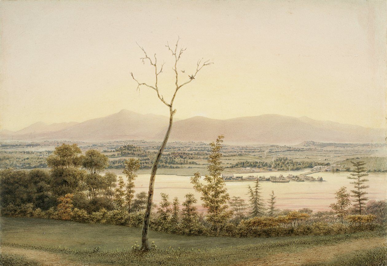 Early Twilight, Kaatskill Catskill Landing and Mountains z East Bank of the Hudson, New York, 1840 (akvarel, grafit, selektivní glazura, kvaš a doteky škrábání na papíře pro od George Harvey