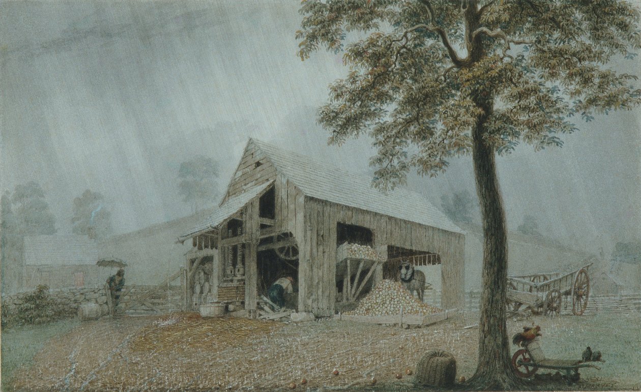 Rainstorm, Cider Mill at Redding, Connecticut, cca 1840 (akvarel a kvaš na bílém tkaném papíře) od George Harvey