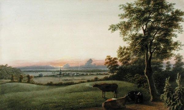 Sunrise - Flatbush and the Ocean from the Greenwood Cemetery, Long Island, New York, c.1830-40 (akvarel, kvaš a grafit na papíře) od George Harvey