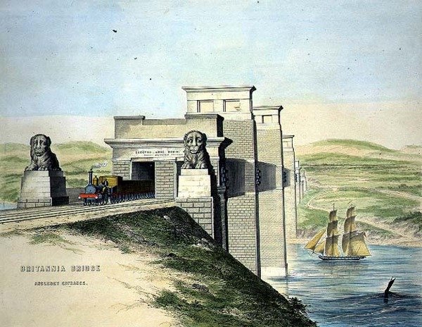 Britannia Bridge, Anglesey Entrance, rytina autora, pub. 1849 (barevná litografie) (čb. viz 109679) od George Hawkins