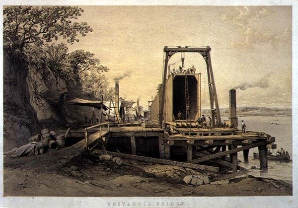 Britannia Bridge, Platform and Construction of Tubes, září 1848, vyryto umělcem, hospoda. 1849 (litho) od George Hawkins