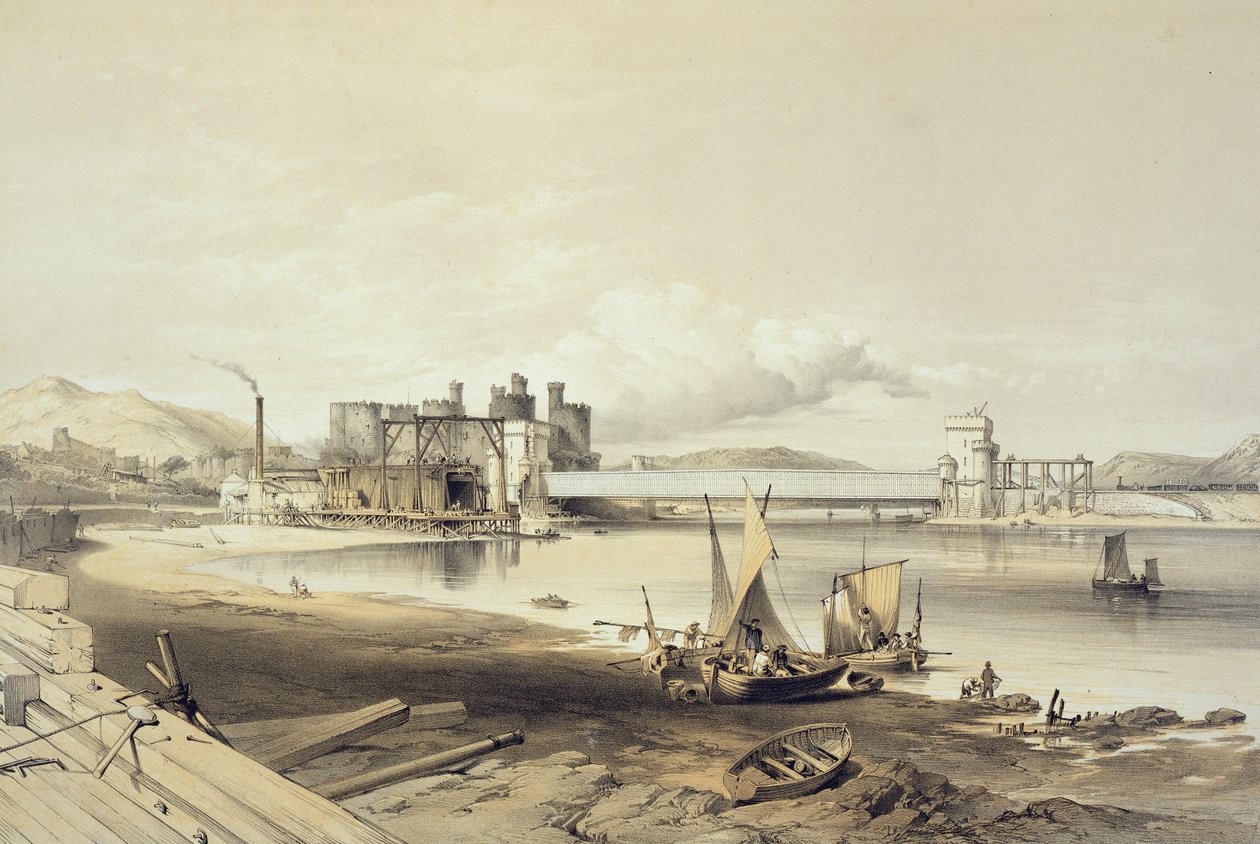 Conway Bridge, Construction of Second Tube, září 1848, vyryto umělcem od George Hawkins
