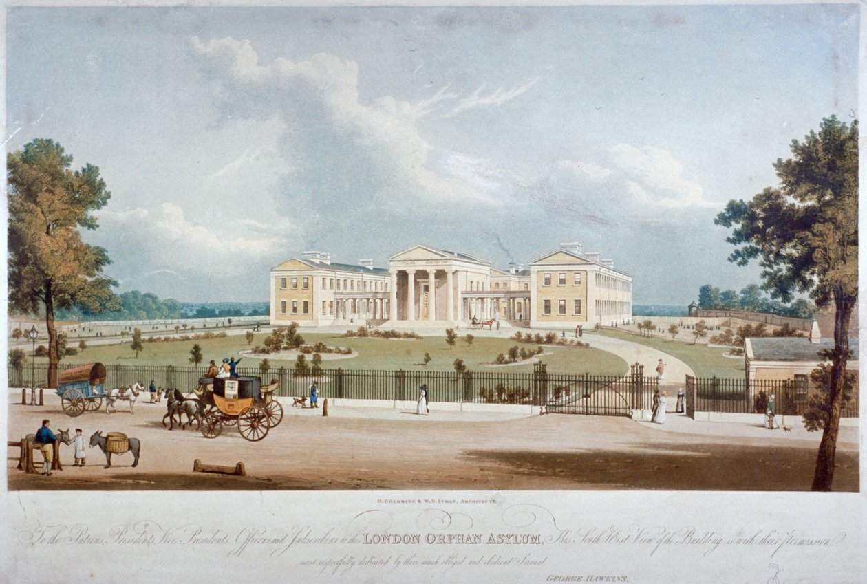 Jihozápadní pohled na London Orphan Asylum v Lower Clapton, Hackney, Londýn, c1830 od George Hawkins