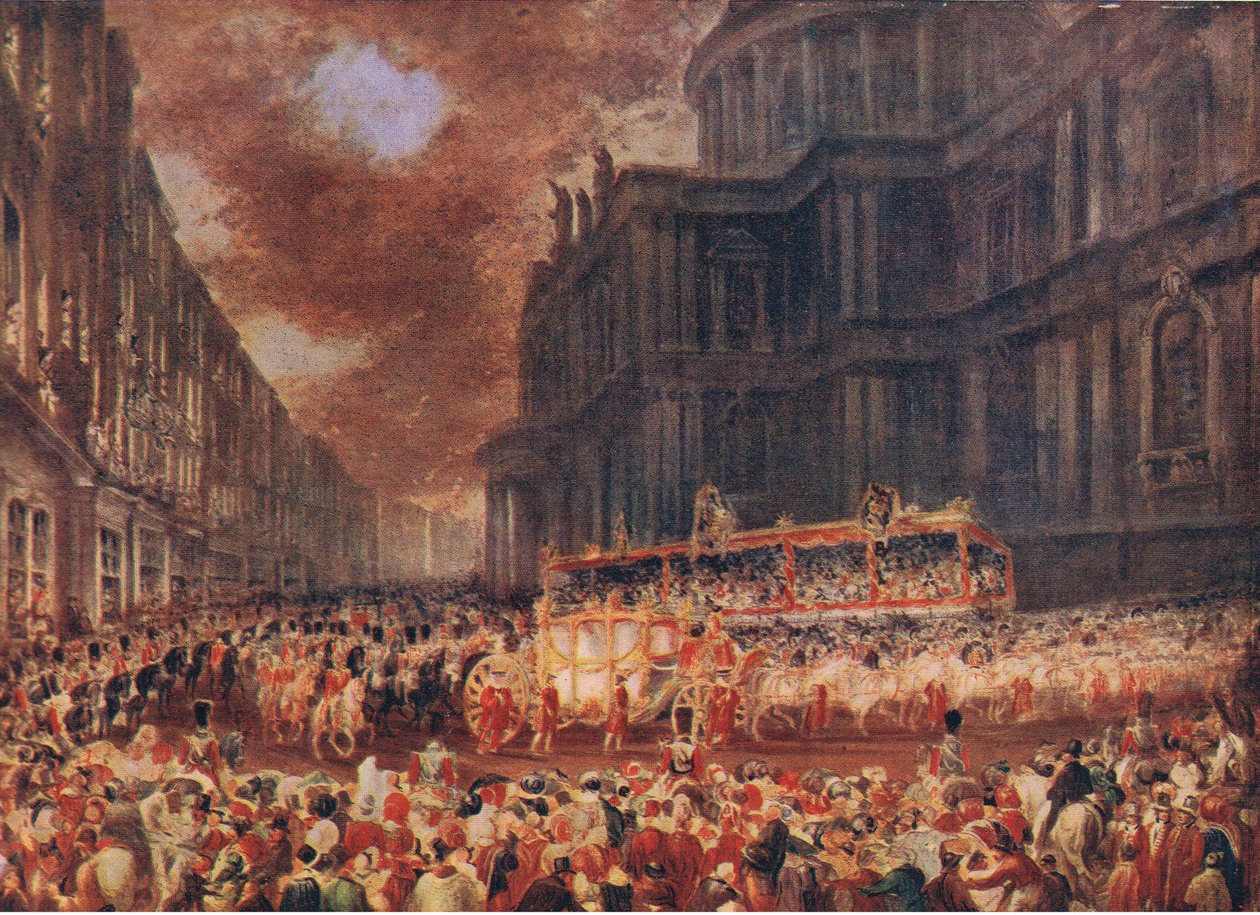 První státní návštěva královny Viktorie ve městě Londýn 1837, z Cassells History of the British People vydané společností Waverley Book Company Limited, kolem roku 1940 od George Hayter