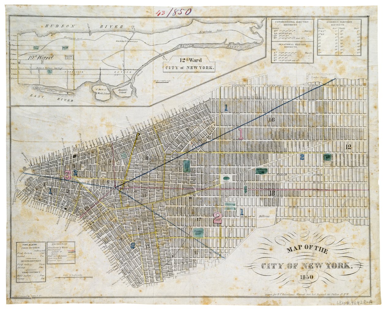 Mapa města New York, 1850 (černý inkoust, s barevným lavírováním, na papíře) od George Hayward