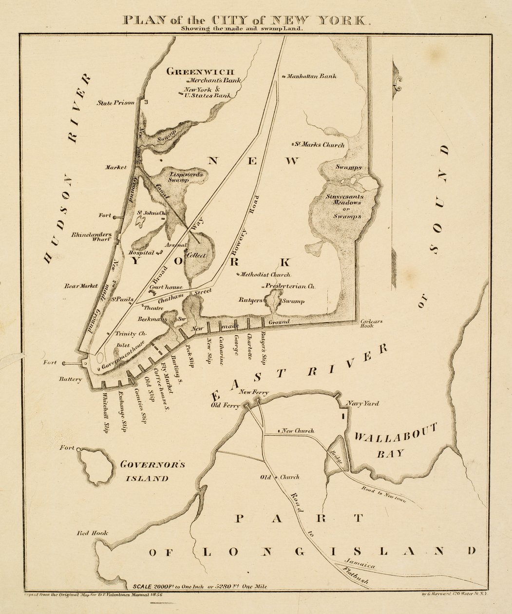 Plán města New York zobrazující vytvořené [sic] a bažiny, 1856 (černý inkoust na papíře) od George Hayward