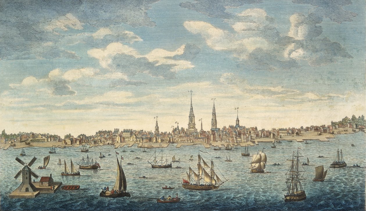 Východní výhledový pohled na město Philadelphia, v provincii Pensylvánie, v Severní Americe: převzato z Jersey Shore, hospoda. Londýn, 1774 (ručně kolorovaná rytina) od George Heap