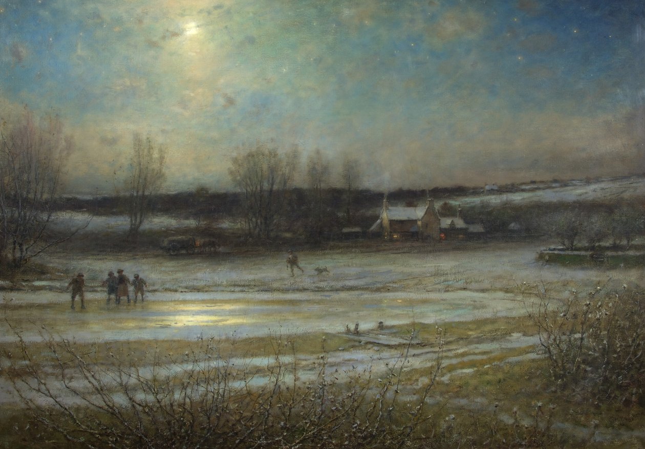 Mrazivá noc – rybník Frozen Mill Pond, kolem roku 1904 (olej na plátně) od George Henry Boughton