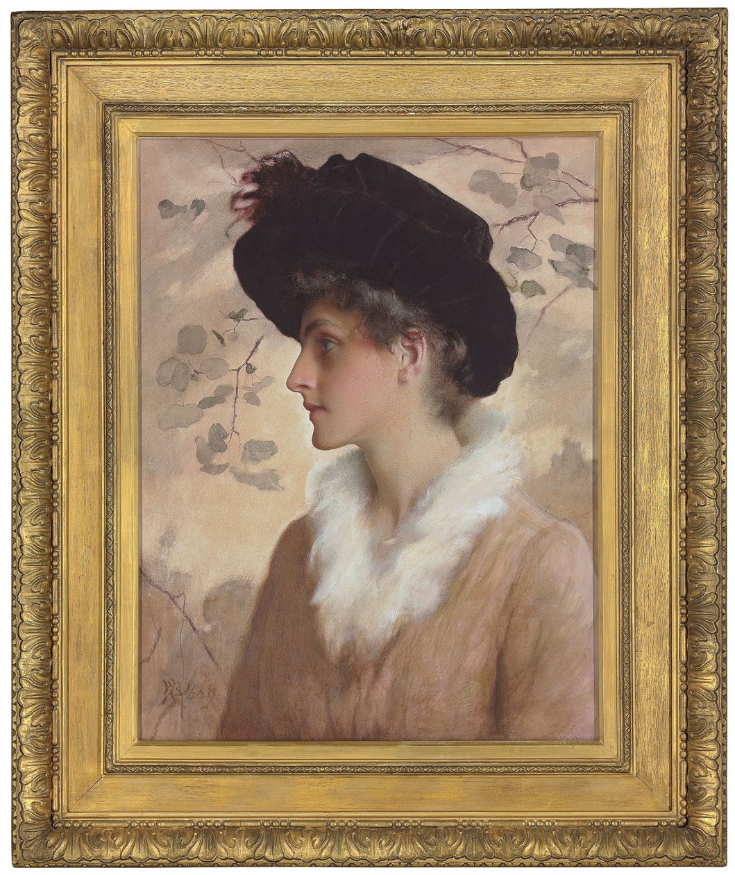 Portrét dámy, poloviční délka, na sobě černý klobouk a kožešinová štóla, 1888 od George Henry Boughton