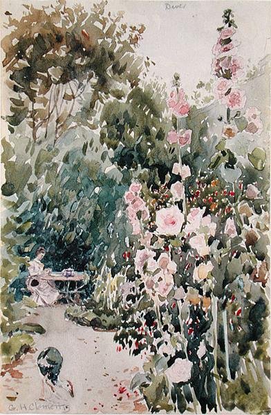 Čaj v Hollyhock Garden, Dives, cca 1890 (akvarel a tužka na papíře) od George Henry Clements