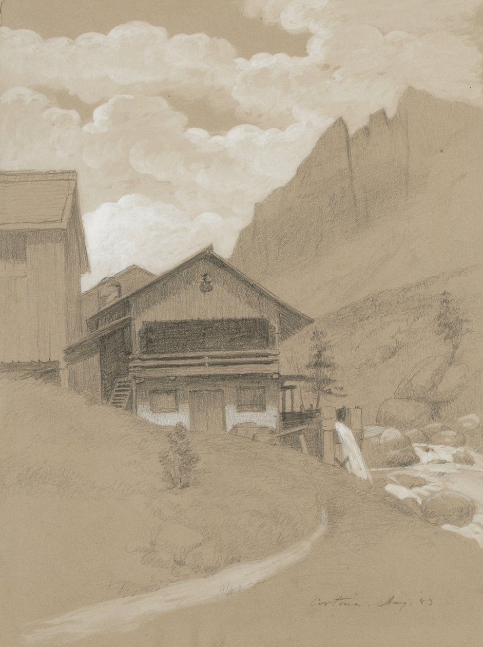 Dům v Alpách, Cortina, 1883 (grafit s bílým kvašem na hnědém tkaném papíře) od George Henry Hall