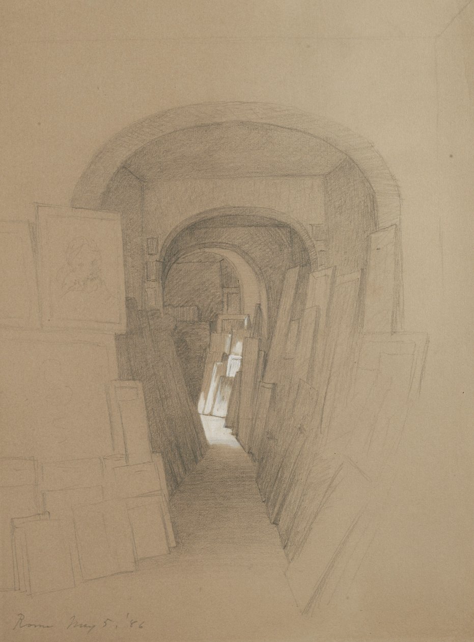 Bez názvu - Artists studio, Řím, 1886 (grafit zvýrazněný bílým kvašem na hnědém tkaném papíře) od George Henry Hall