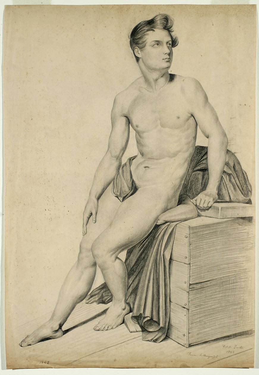 Bez názvu - Mužský akt zkopírovaný z litografie, 1842 (grafit na lesklém papíru) od George Henry Hall
