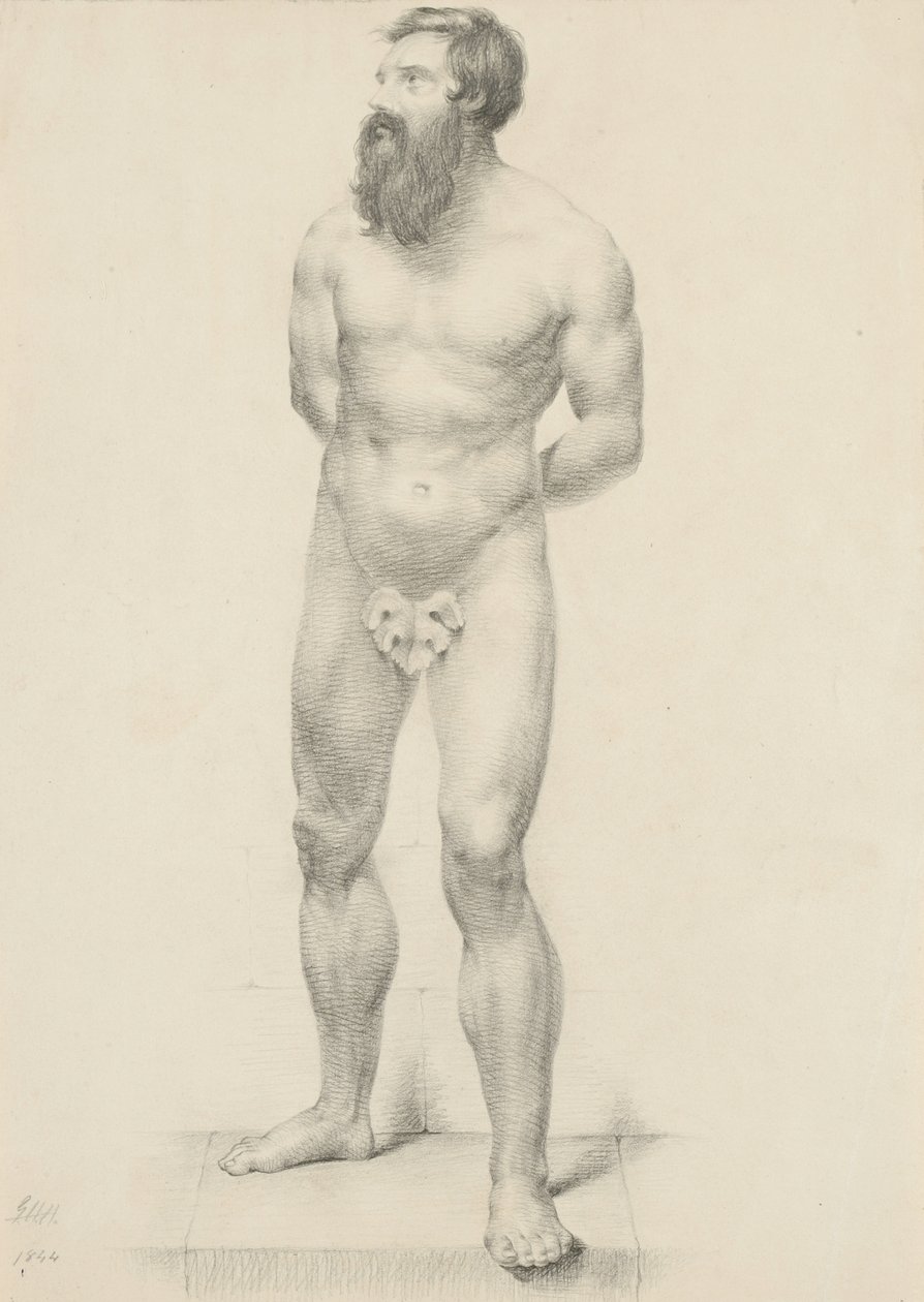 Bez názvu - Stojící mužský akt s fíkovým listem, 1844 (grafit na leštěném papíře) od George Henry Hall