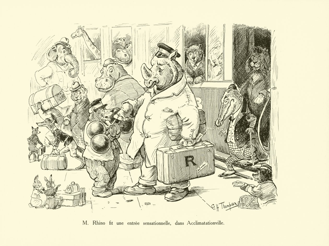 Pan Nosorožec senzačně vstoupil do Aklimatizačního města (litografie) od George Henry Thompson