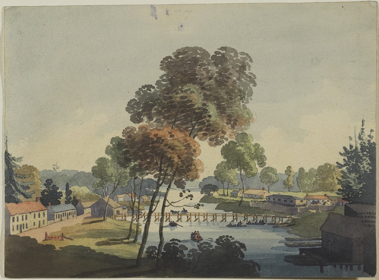 Vesnice Chippawa poblíž vodopádů Niagara, kolem roku 1801 (wc na tkaném papíře) od George Heriot