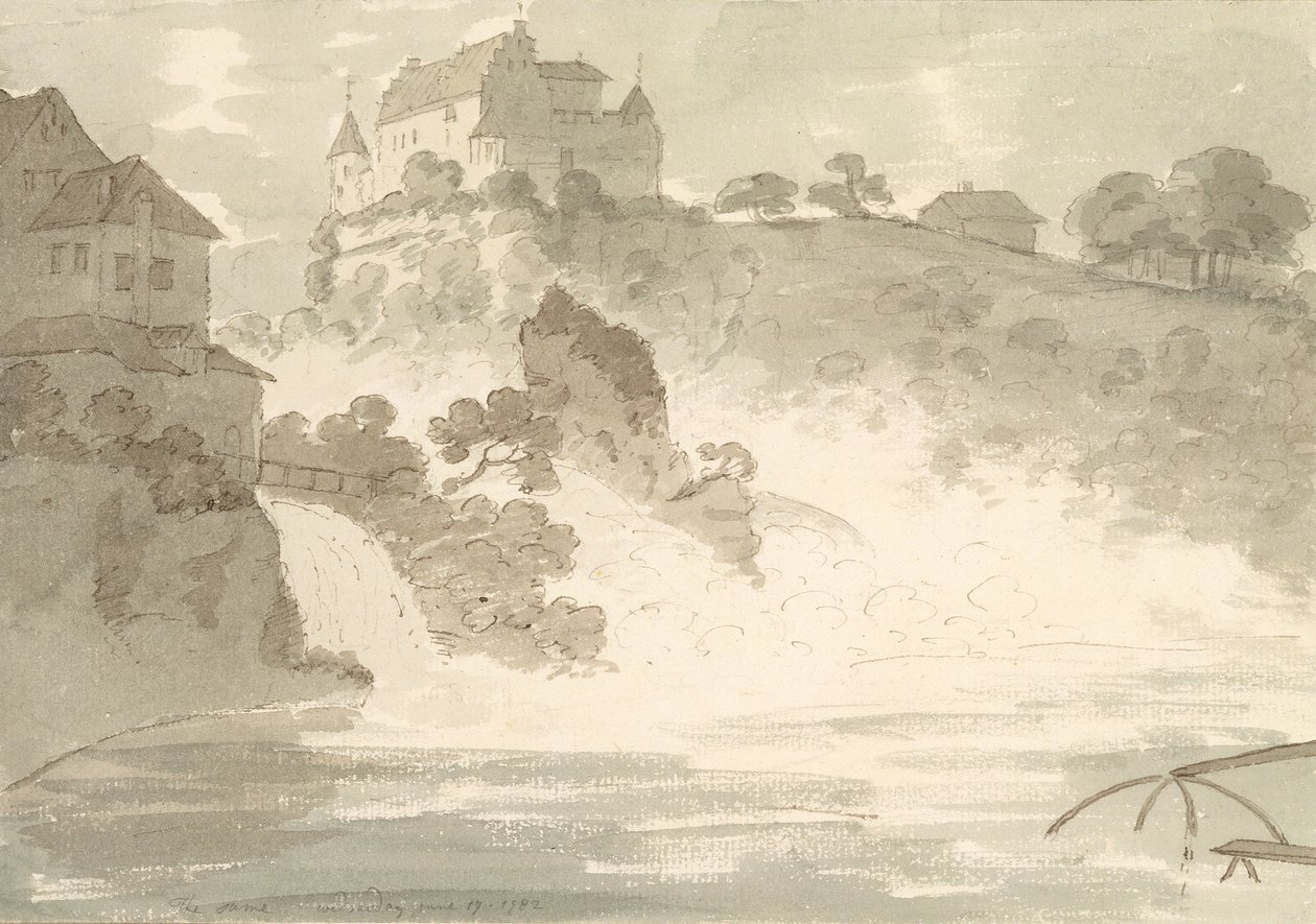 Vodopády u Schauffhausenu, 1782 (čb na papíře perem a tuší) od George Howland Beaumont