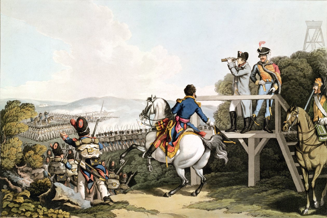 Bonaparte (1769-1821) Těsně před svým letem, Pohled na útok jeho císařské gardy, Waterloo, 18. června 1815, vyryl Matthew Dubourg (fl. 1813-20) od George Hum