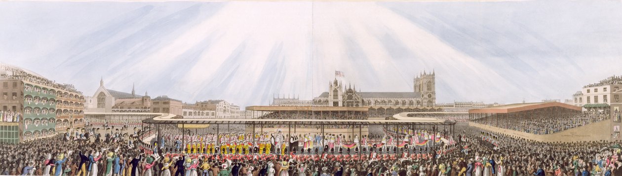 Pohled na korunovační průvod krále Jiřího IV z Westminster Hall do opatství, 19. července 1821 (akvatinta) od George Humphrey