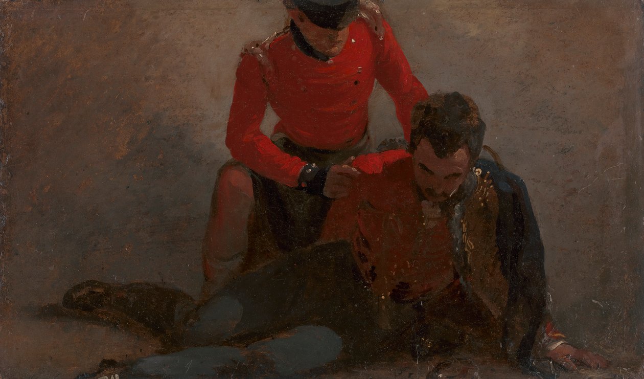 42nd Highlander navštěvující generála 7. husarů, možná Henryho Williama Baylyho, prvního hraběte z Uxbridge, později prvního markýze z Anglesey: studie k „Bitvě u Waterloo“ od George Jones