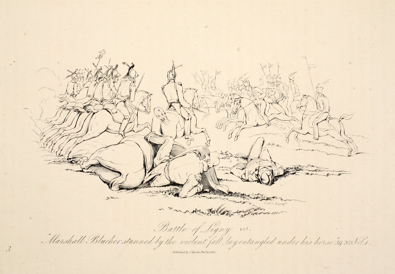 Bitva u Ligny: Marshall Blucher omráčený prudkým pádem ležel zapletený pod svým koněm, hospoda J. Booth, 1816 od George Jones