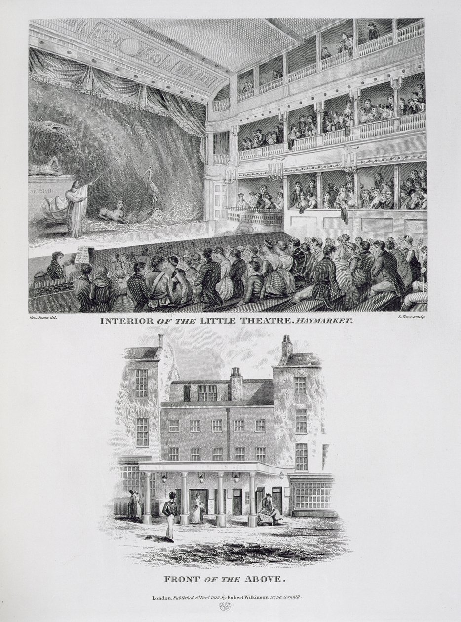 Interiér Little Theatre, Haymarket v Londýně a Front of the Above, vyrytý Jamesem Stowem (c.1770-1820) 1815 od George Jones
