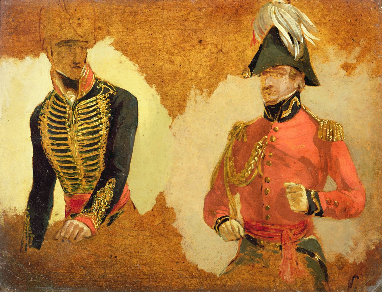 Studie uniformy Royal Horse Artillery a A.D.C. vrchnímu veliteli: studie k „Bitvě u Waterloo“ (olej na palubě) od George Jones