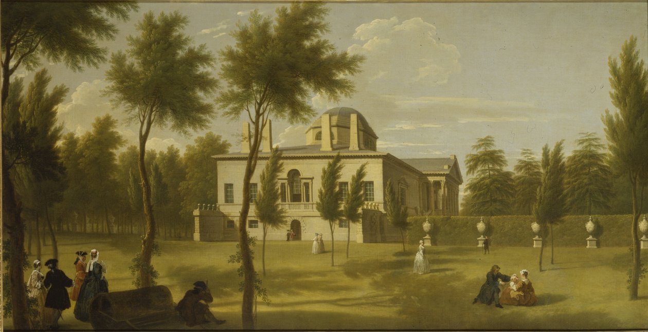 Pohled na Chiswick Villa z trávníku, cca 1735 (olej na plátně) od George Lambert