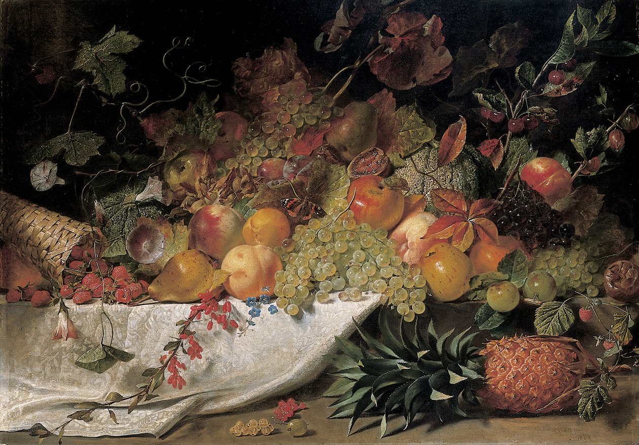 Ovoce a květiny na kamenné římse, 1829 od George Lance