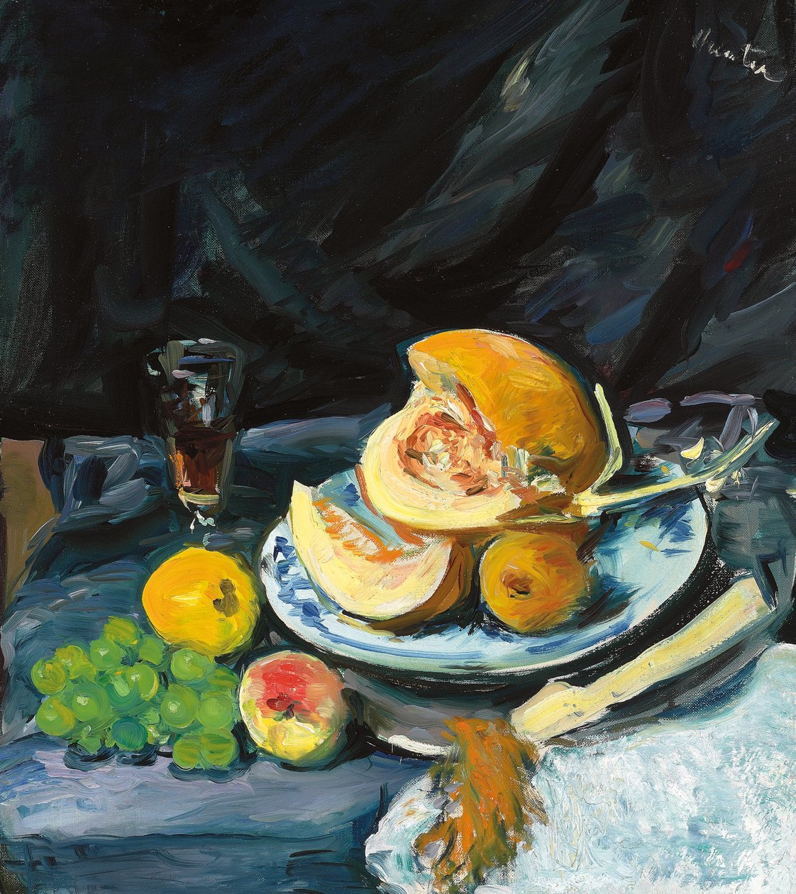 Zátiší s řezaným melounem, sklenicí a vějířem, c. 1920 od George Leslie Hunter