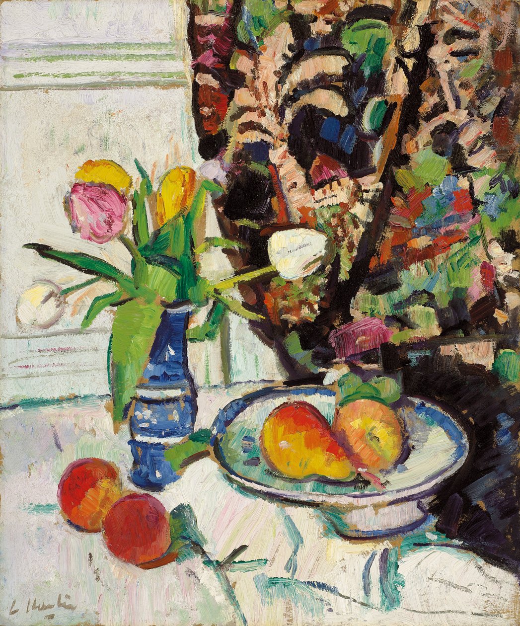 Zátiší s tulipány a ovocem, od George Leslie Hunter