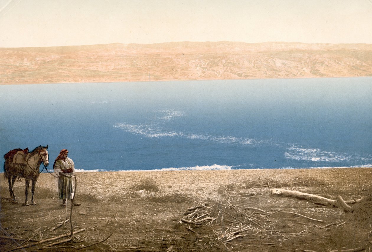 Muž s koněm stojící poblíž Mrtvého moře, kolem 1890-1900 (fotochromovaný tisk) od Bartolome Esteban and studio Murillo