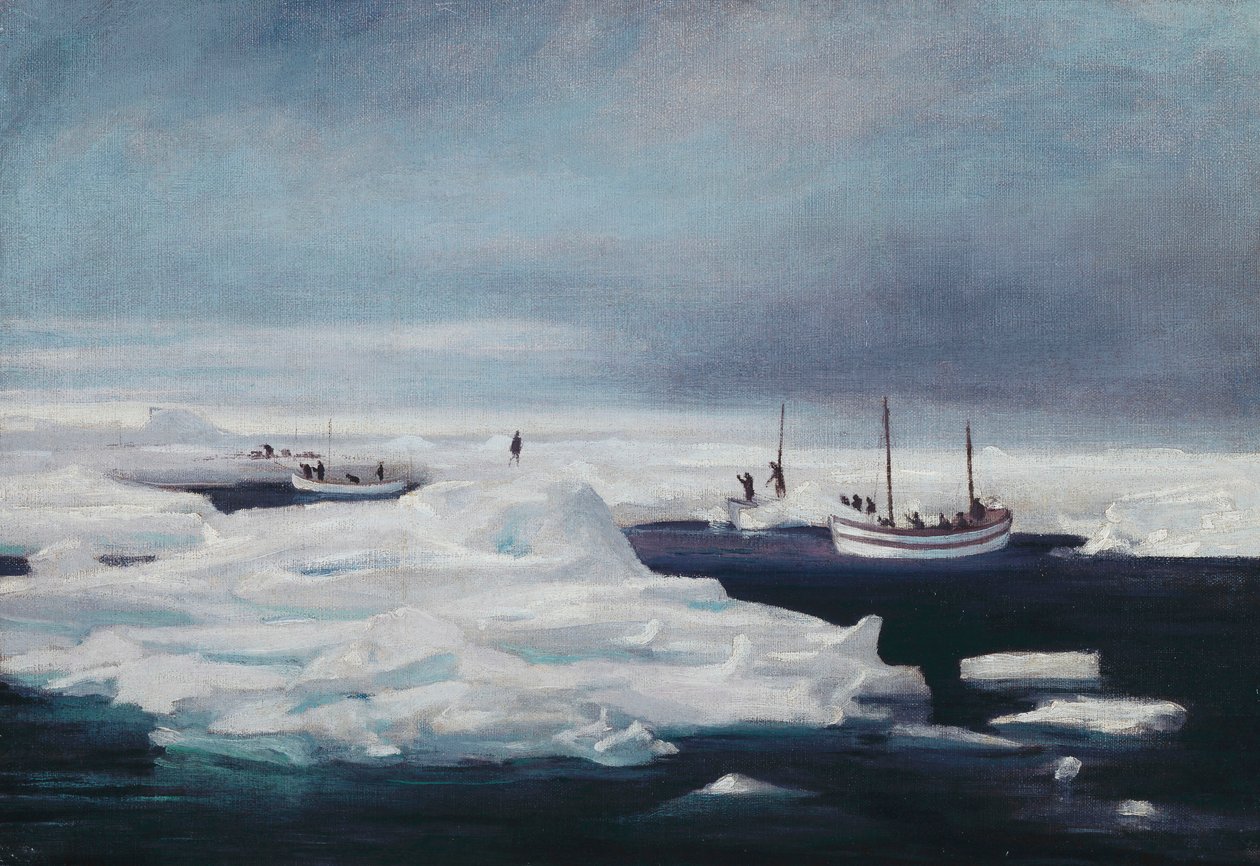 James Caird, Dudley Docker a Stancomb Wills kotvící k ledové kře ve Weddellově moři, duben 1916 od George Marston