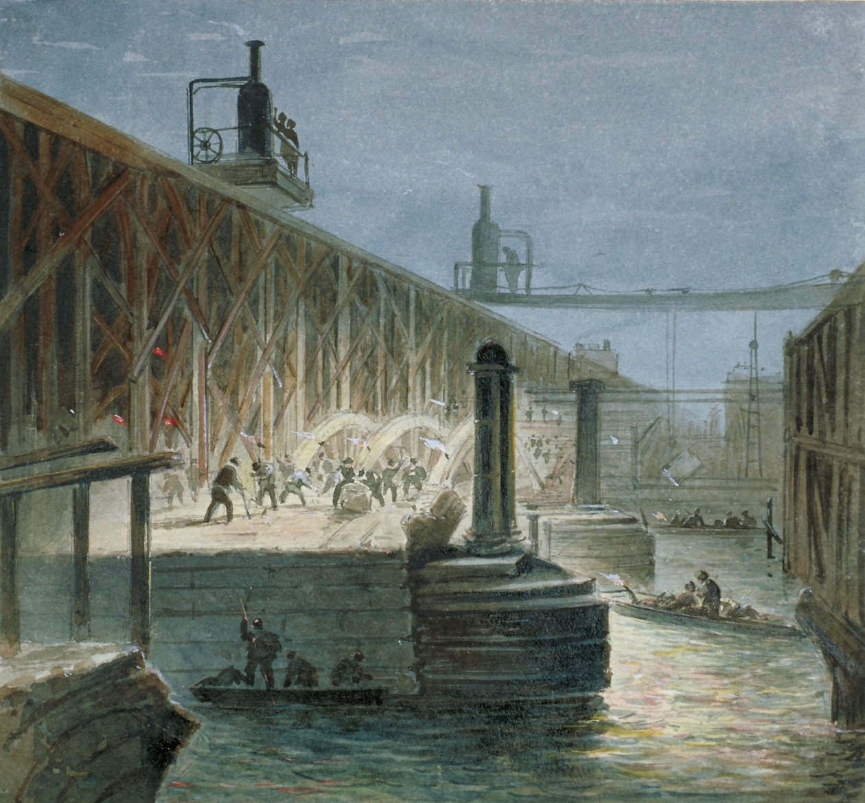 Demoliční práce probíhají na Blackfriars Bridge z pobřeží Surrey, Londýn, 1865 od George Maund