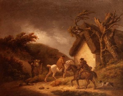 Bouřlivá zalesněná krajina s cestovateli od George Morland